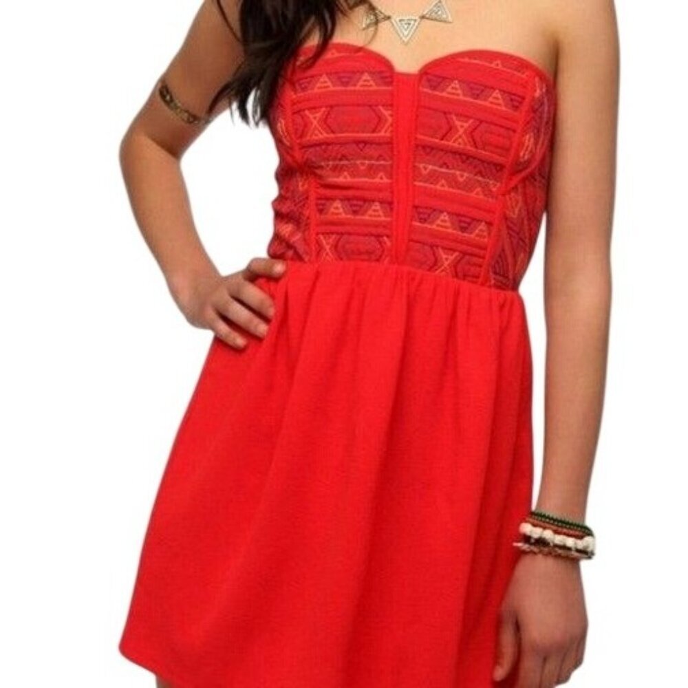 Staring At Stars Dress Red Geometric Strapless Dress Size M Mini Boho  NEW